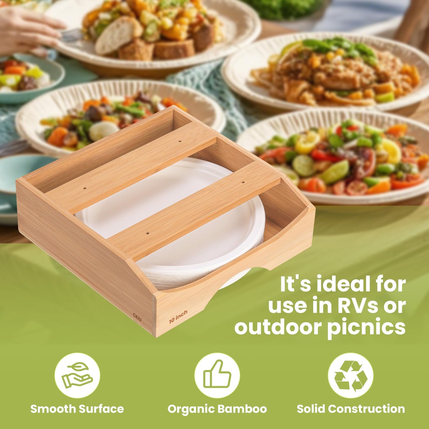 CKIU 10-inch Paper Plate Dispenser Under Cabinet, Bamboo Paper Plate Holders, Kitchen Counter Vertical Plate Dispensers Holders Countertop Caddy(For 10-inch Plates, Bamboo)