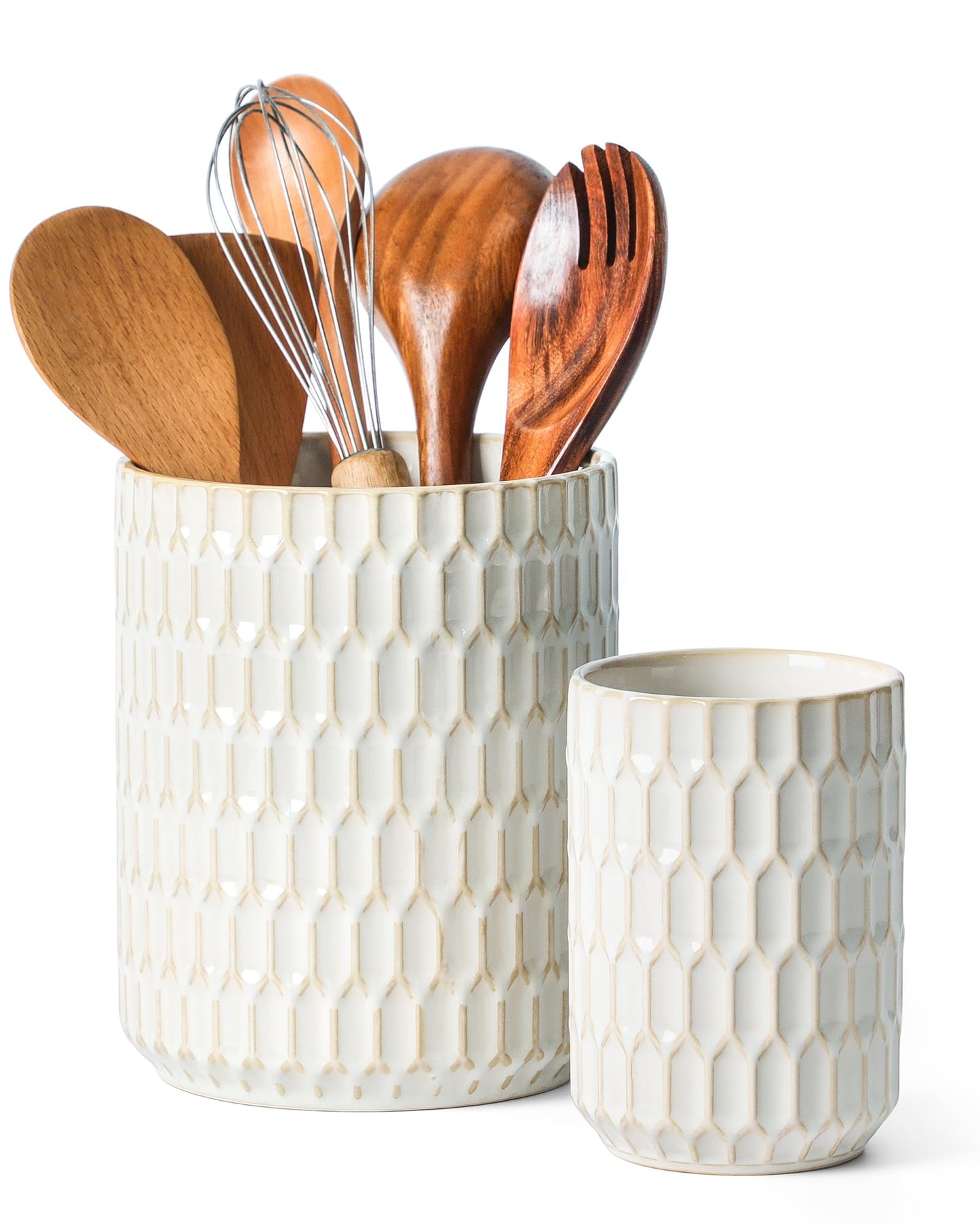 ArteBake Utensil Holder, 7.5"+5.3" Ceramic Kitchen Utensil Holder for Countertop, Large Cooking Utensil Crock for Kitchen Counter, Set of 2, Beige