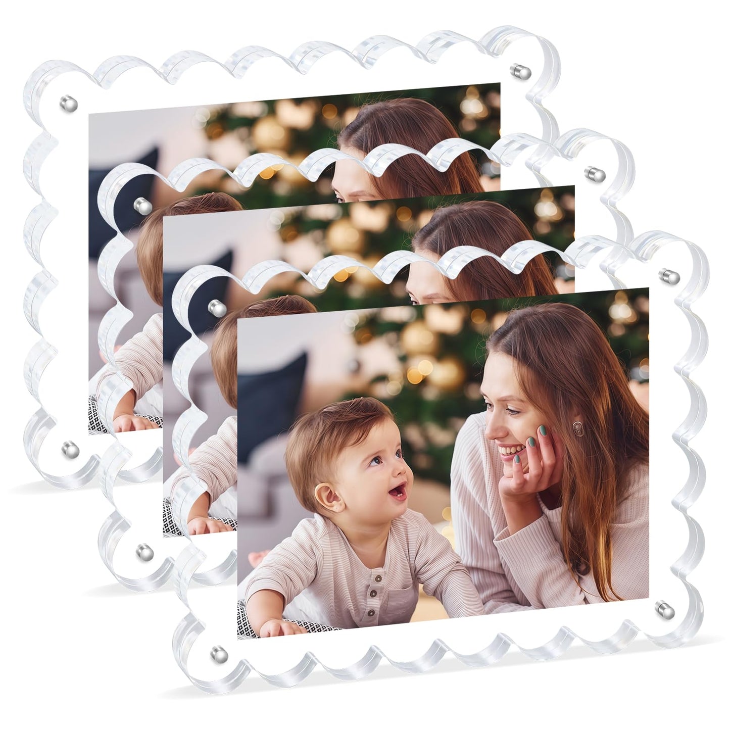 Magnetic Photo Frame 6×8Inch -3Pack Acrylic Scalloped Glass Frames, 12+12mm Thick Double-Sided Design, Clear Picture Frame with Thick Block | Trendy Home Gift Set Stylish Acrylic Frames (3Pack, 6×8)