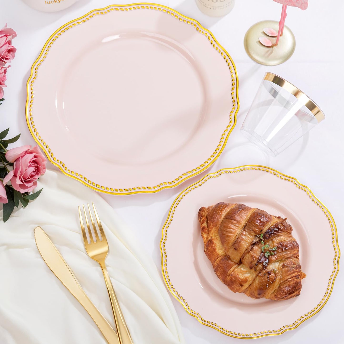 Hioasis 175pcs Pink and Gold Plastic Plates - Pink Plastic Dinnerware Set Includes 25 Dinner Plates, 25 Dessert Dinnerware, 25 Cups, 25 Napkins Perfect for Wedding & Easter