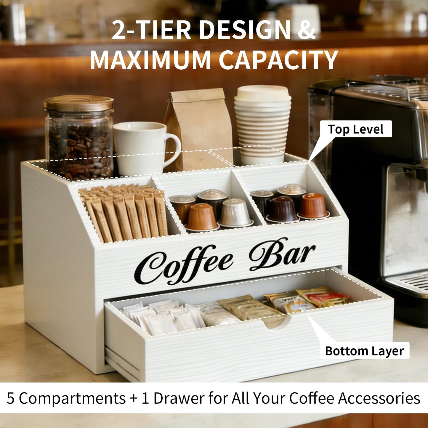 Eastsign Coffee Bar Organizer for Countertop, 2-Tier Wooden Coffee Station Accessories Holder with Dust-Proof Drawer, 5 Storage Compartments for Syrups, Pods, Tea Bags and Cups, White
