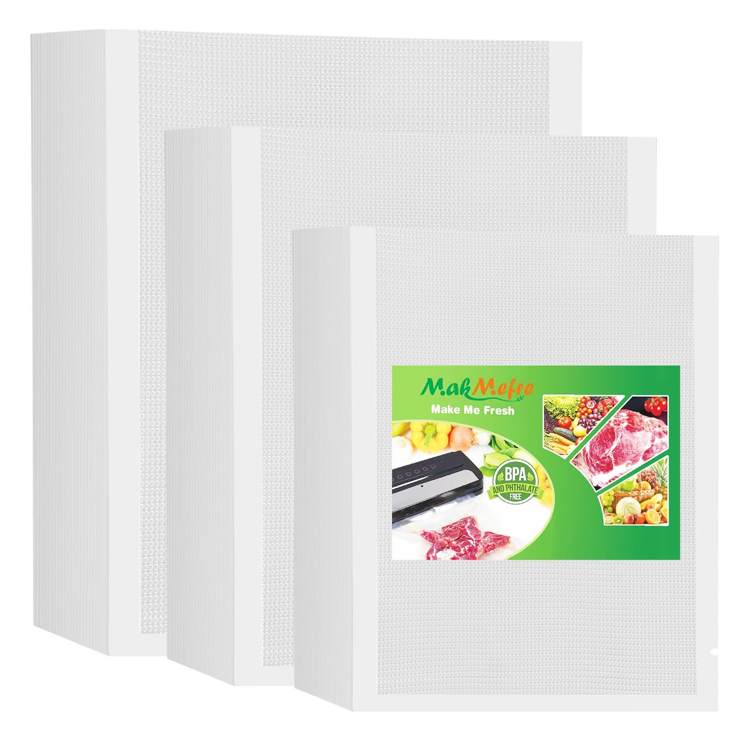 MakMeFre 300 Bags 100 of Each Size Gallon 11"x16" and Quart 8"x12" and Pint 6"x10" BPA Free Sous Vide Seal a Meal Commercial Grade Vacuum Seal PreCut Combo Pack Bag