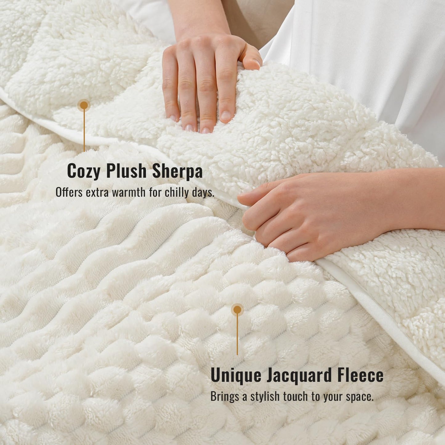 Uttermara Weighted Blanket for Adults Queen Size 15lbs, Soft Cozy Sherpa Fleece Heavy Blanket for Sleep and Calm, Fuzzy Warm Jacquard Bed Blanket, 60 x 80 Inches, Cream White