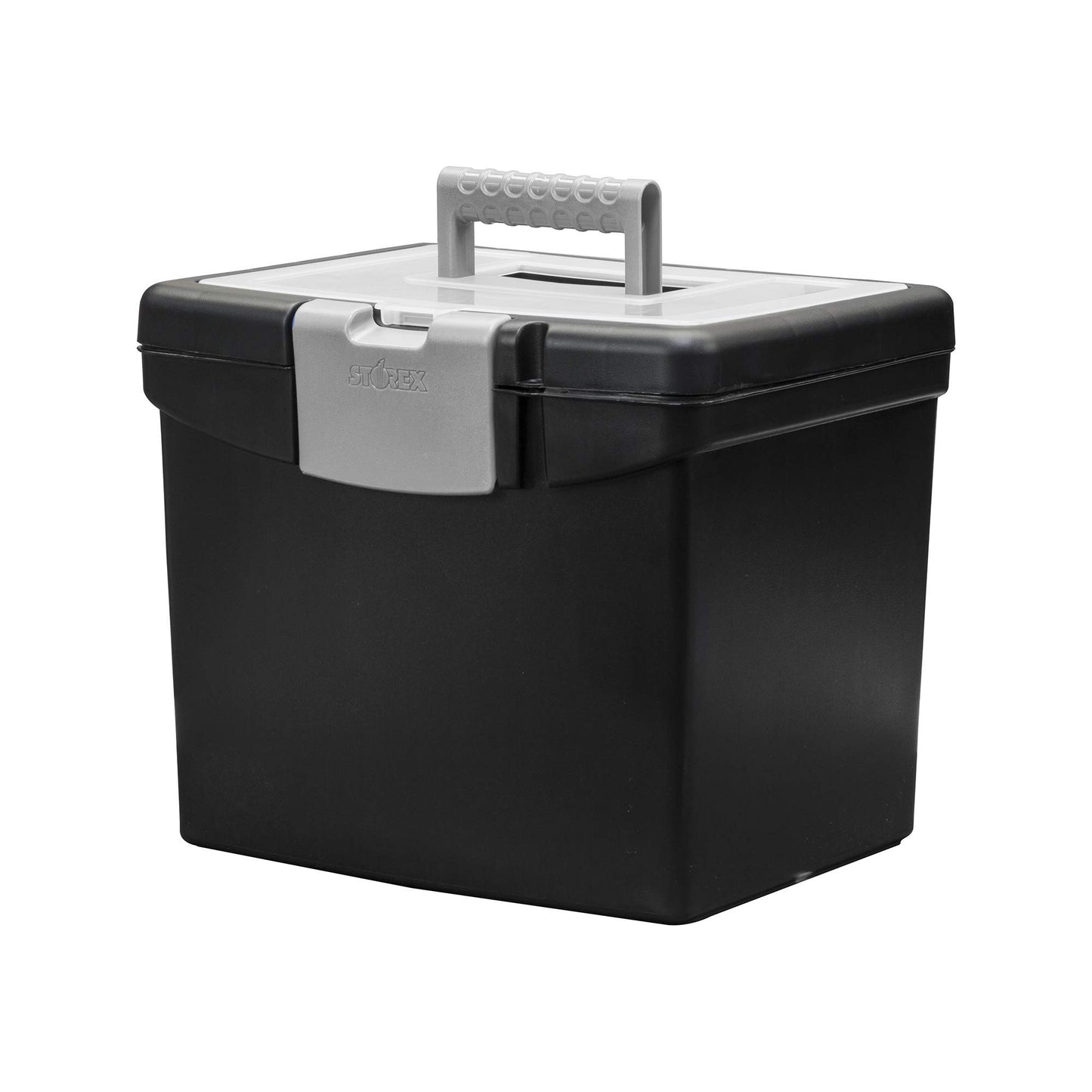 Storex Portable File Box with Organizer Lid – Plastic Office File Storage Box for Letter Paper and Hanging Folders, Obsidian, 1-Count (61504C01C)