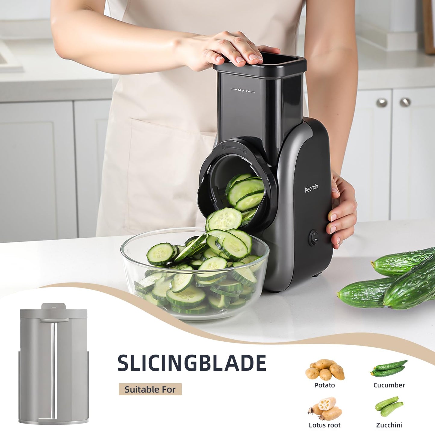 Electric Vegetable Slicer and Cheese Grater, Multifunctional Rotary Cutter with 4 Stainless Steel Blades for Potatoes Carrots Cucumbers Fruits Salad etc.