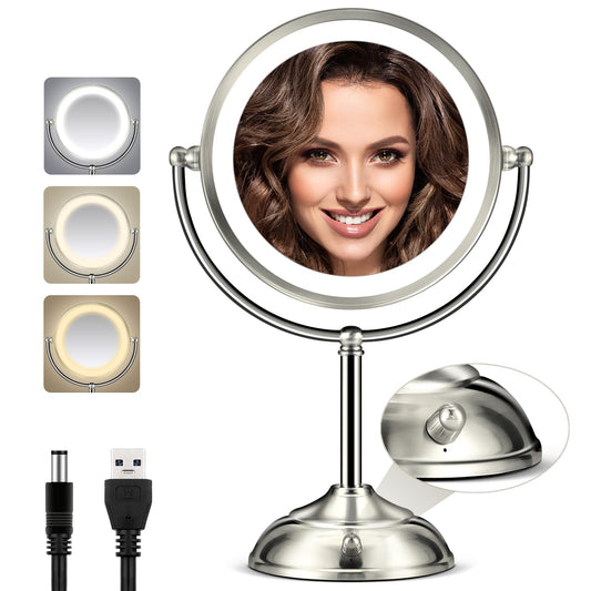 Makeup Mirror With Lights, 20X Magnifying With 3 Colors, 8.5" Vanity for Desk, Adjustable Brightness, 2-Sided Physical Buttons Tabletop (Nickel Alloy)