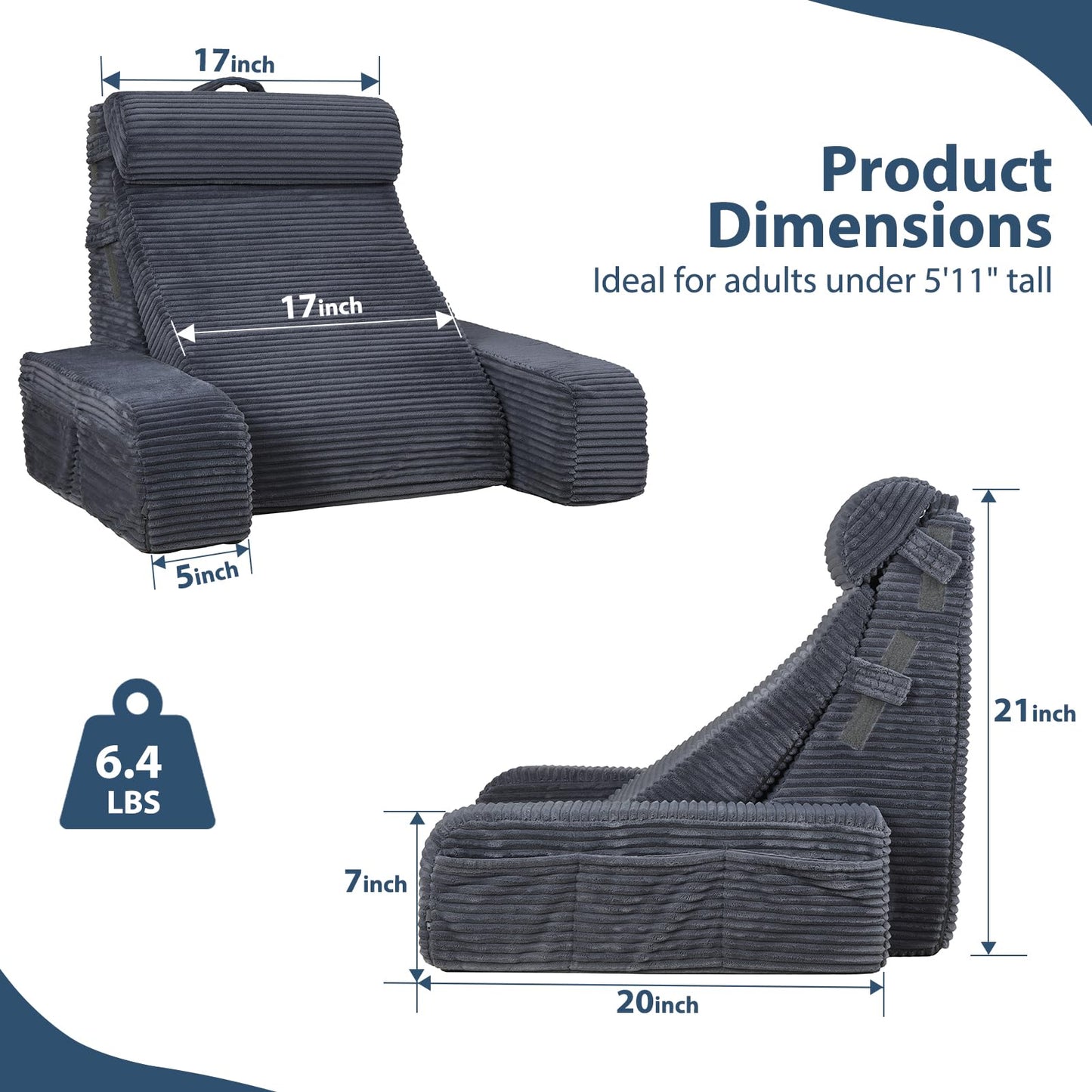 Vekkia Adjustable Reading Pillow & Back Pillow with Backrest – Zoned Multi-Density Foam for Targeted Support, XL Side Pockets – Bed Chair for Reading, Gaming, Relaxing & Post-Surgery Recovery