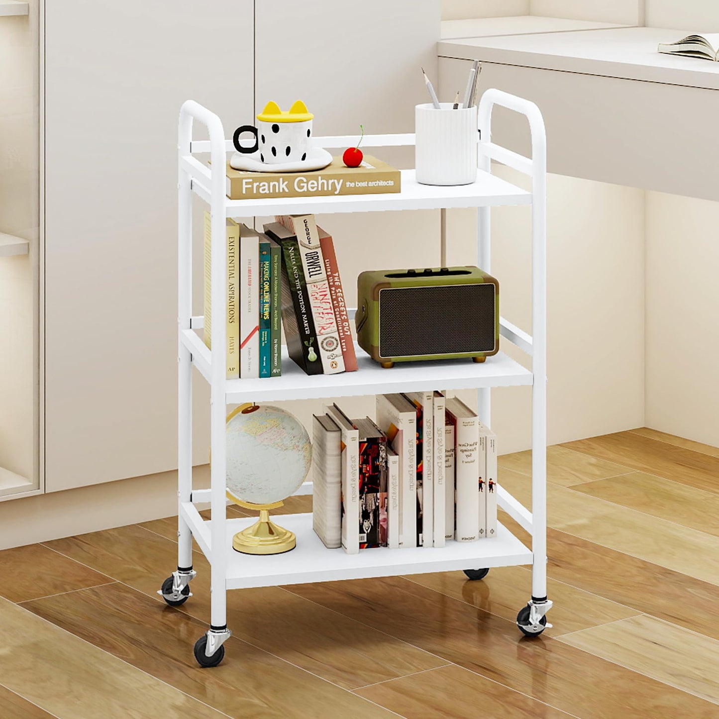DCLRN 3 Tier Rolling Cart,Storage Organizer Cart,Multifunctional Storage Shelves,Rolling Metal Organization Cart with Handle and Lockable Wheels,for Home,Office,Kitchen,Bathroom(White)