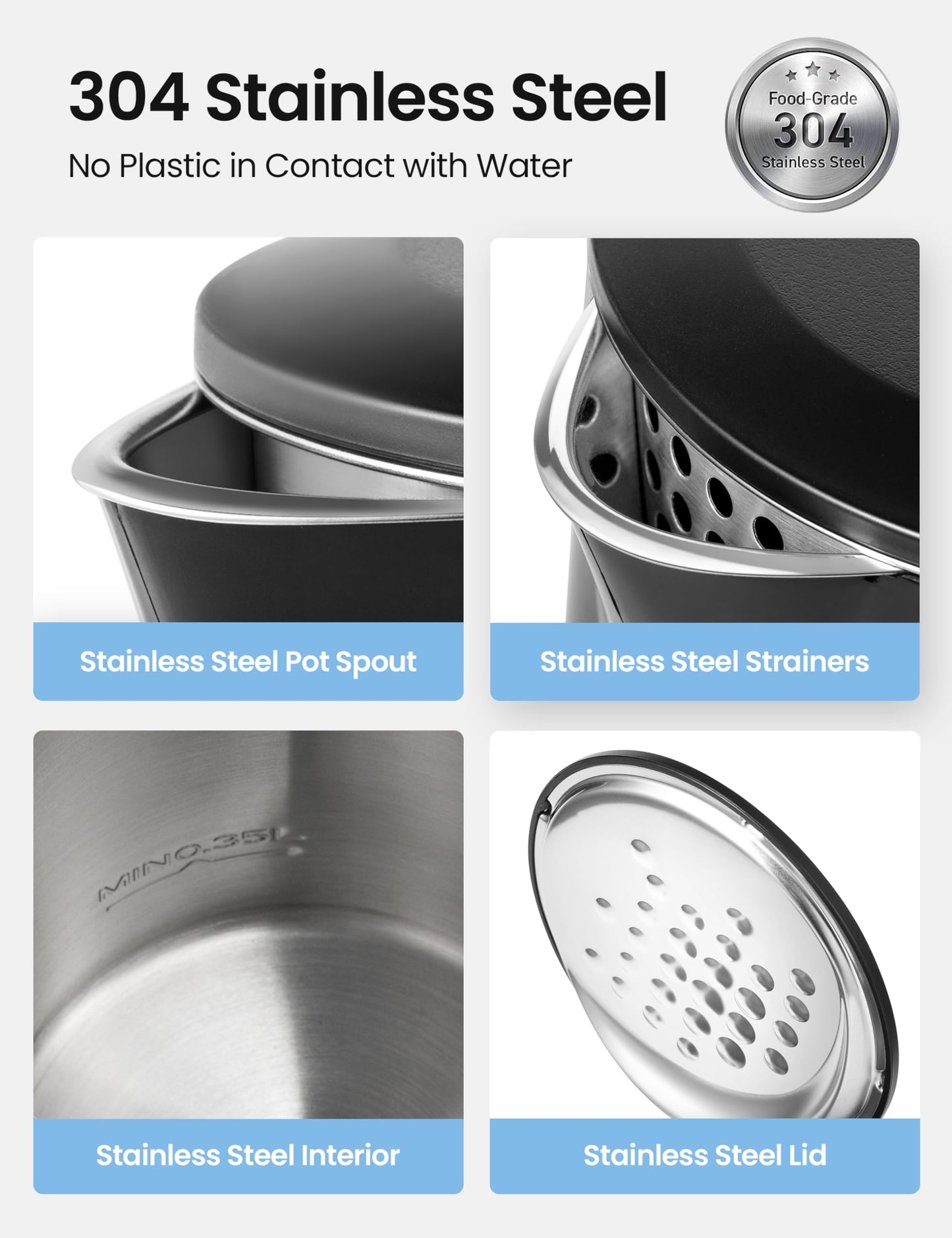 COMFEE' 1.7L Double Wall Electric Tea Kettle and Kettle Water Boiler, 100% Stainless Steel Interior & Lid & Spout, Two-Level Wide Open Lid, 1500W Fast Boiling, Auto-Off and Boil-Dry Protection