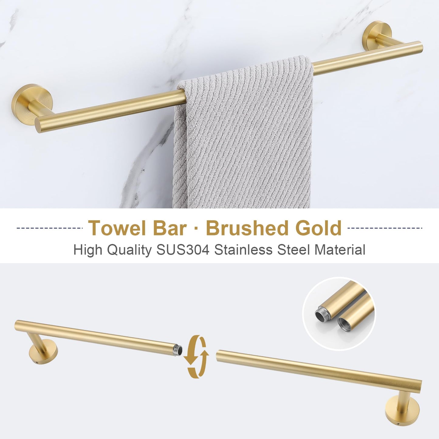Lairuier 5 Pieces Brushed Gold Bathroom Accessories Set, 23.6 Inch Bath Towel Bar Set, SUS304 Stainless Steel Bathroom Hardware Set Round Toilet Paper Holder Set Wall Mounted
