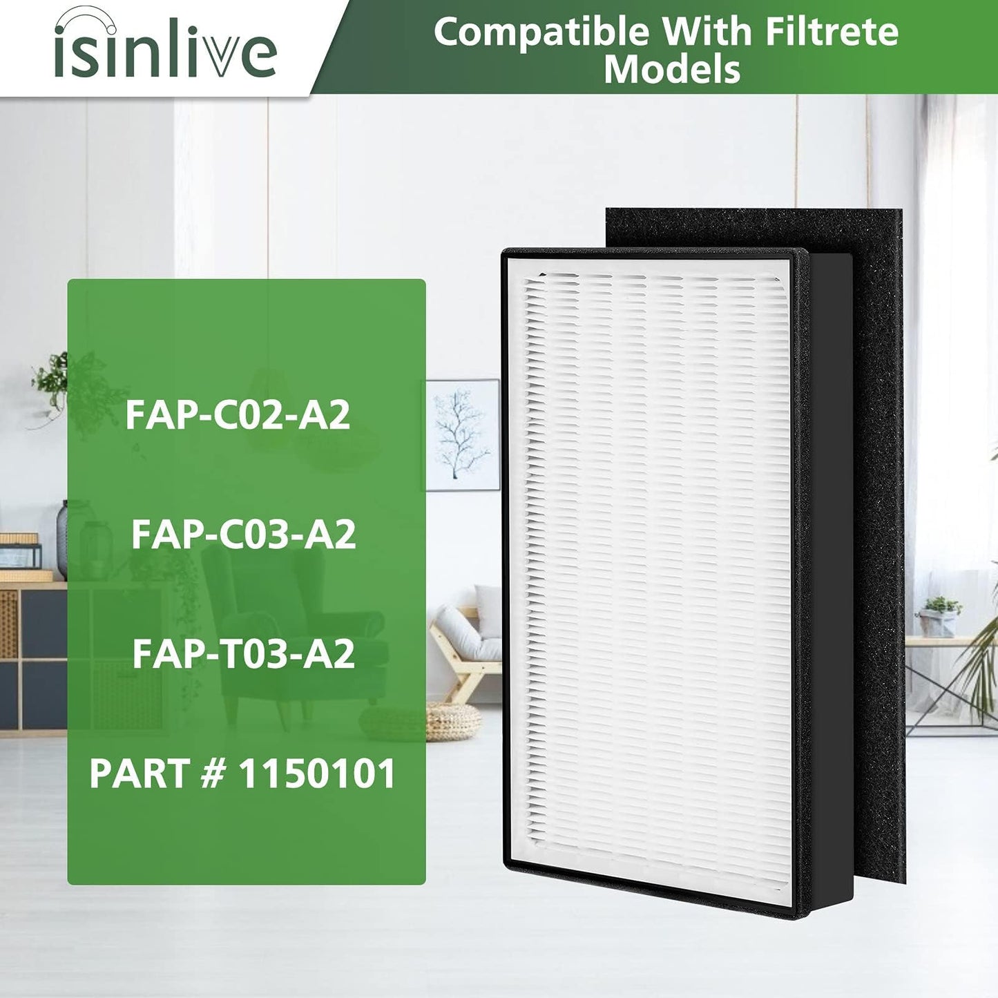 3 Pack A2 Filter Replacement Compatible with 3M Filtrete Room Air Purifier Models FAP-C02-A2, FAP-C03-A2, FAP-T03-A2, Part # 1150101