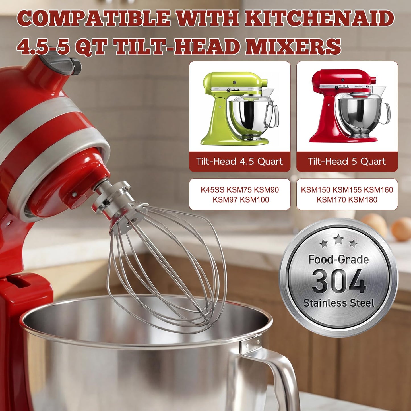 Stainless Steel Mixer Attachments for KitchenAid 4.5-5 Qt Tilt-Head Stand Mixer, Dishwasher Safe Set with Wire Whip, Dough Hook and Flat Beater, Heavy Duty Replacement Accessories for Baking