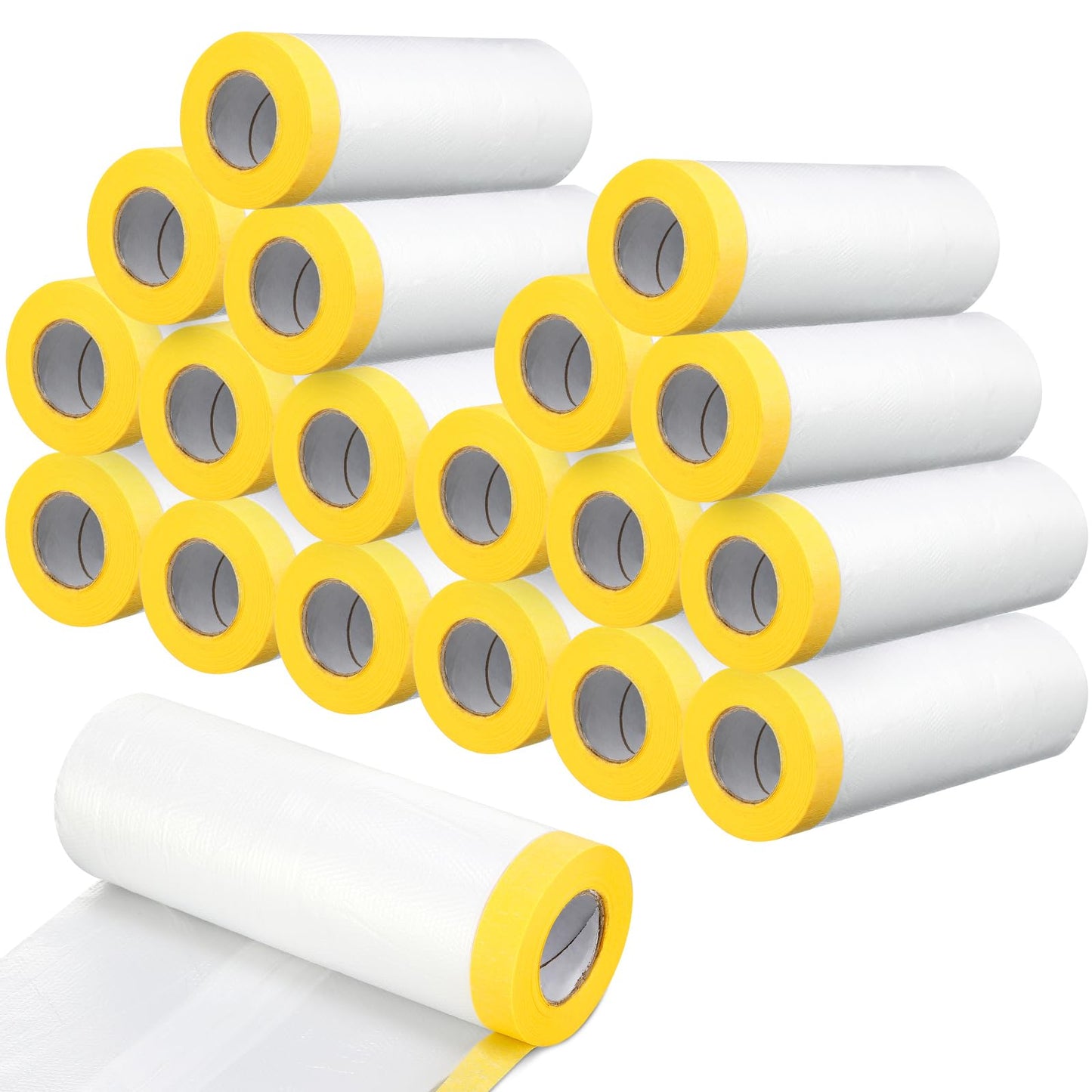 Seajan 18 Roll Painters Plastic with Tape Pre Taped Masking Film for Painting Automotive Paint Adhesive Protective Film Masking Tape Roll Plastic Painting Covering (White,5 x 65 Ft)