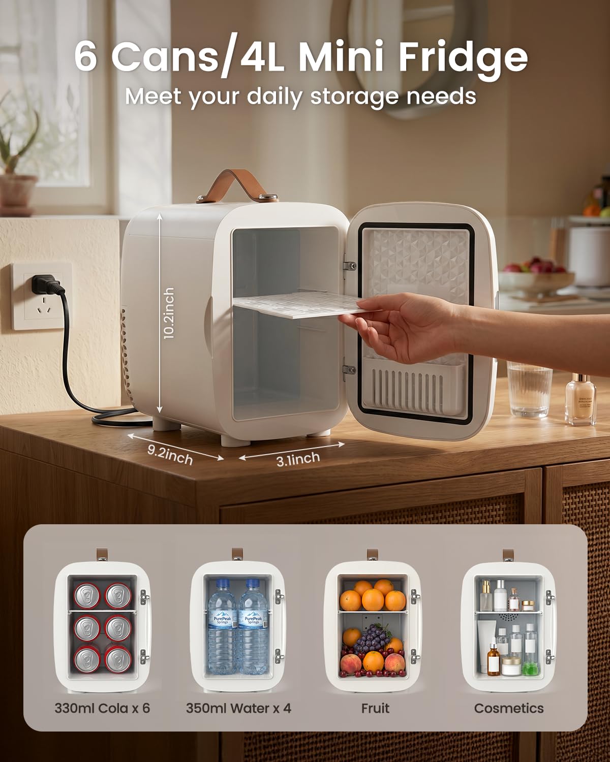 FANSEXPERT Cosmetic Fridge, Portable Mini Fridge for Skincare Food Drinks, 4L/6 Can Electric Plug In Cooler & Warmer, AC/DC Skincare Refrigerator for Bedroom Office Car Dorm (White)