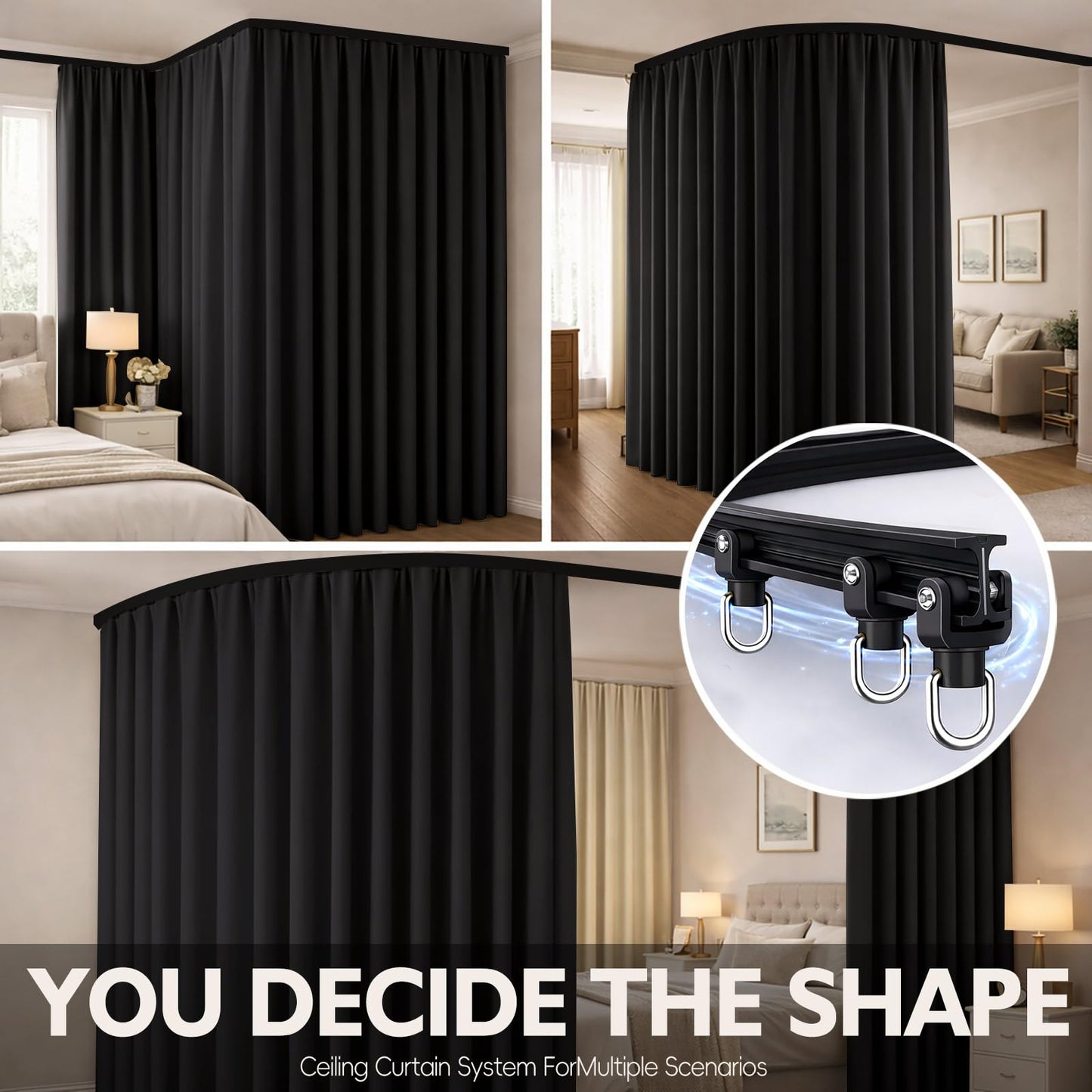 JILRON Room Divider Curtain Ceiling Curtain Track Set for Blackout and Privacy (Black Curtain + Black Track) 106" W x 84" L -1 Piece