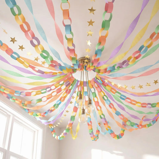 TaoBary Pastel Party Decorations 492ft Pastel Crepe Streamers 600 Sheet Paper Strips Chain Garland 65.5ft Star Hanging for Colorful Party Birthday Wedding Decor
