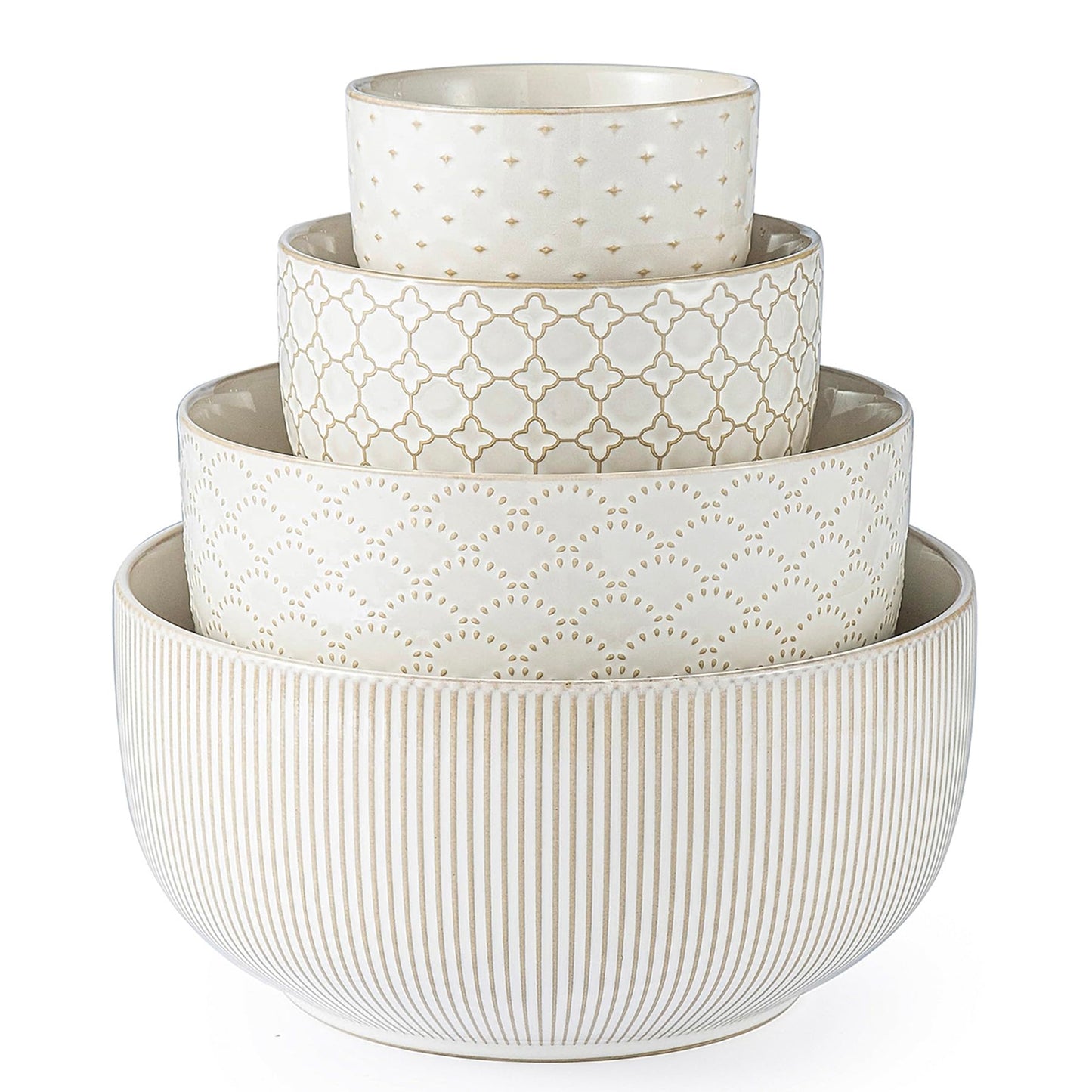 Mikiegy Ceramic Mixing Bowls Set of 4, Nesting Ceramic Embossment Stoneware Mixing Bowls for Cooking, Serving, Popcorn, Salad etc, Microwave & Dishwasher Safe, 20/44/98/145 oz, Off-White