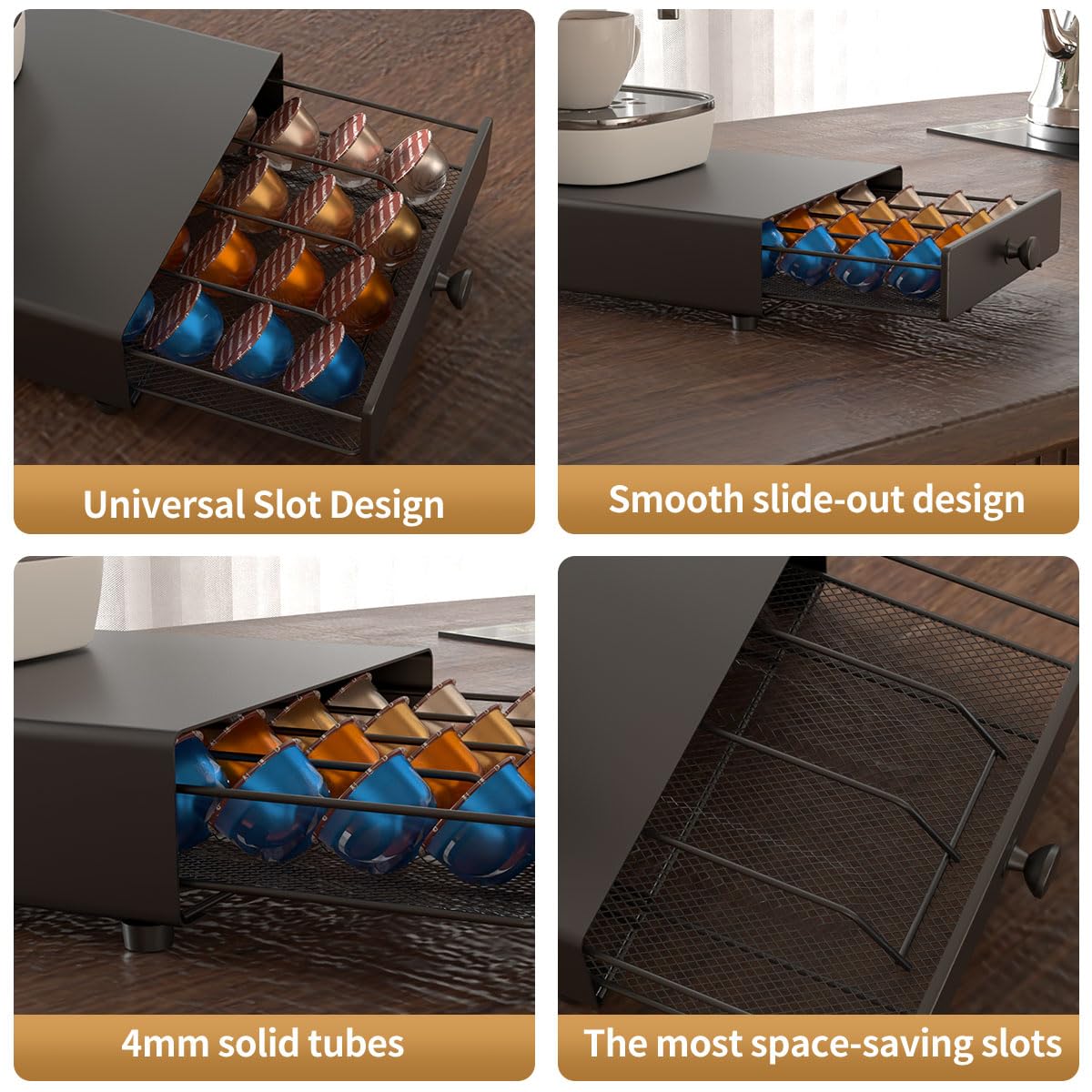 Pod Holder Drawer Compact Design with DeluxeTempered Glass Top, Compatible for Nespresso Pods, Holds up to 40 Pods