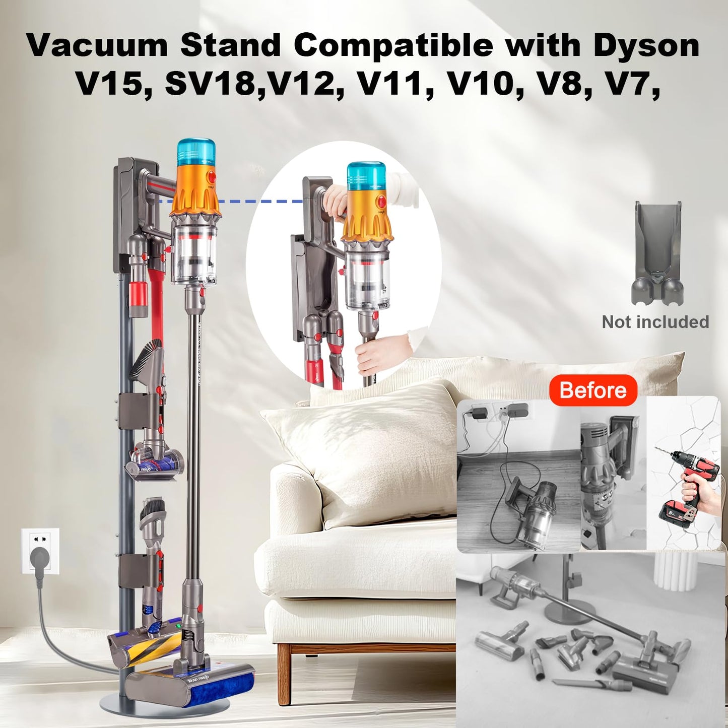Sllolsupport Vacuum Stand Compatible for Dyson V7V8V10V11V12V15and Slim, Metal Storage-Bracket-Stand-Metal-Holder Removable Storage Clips, Hidden Cable Design,Convenient for Storage and Charging