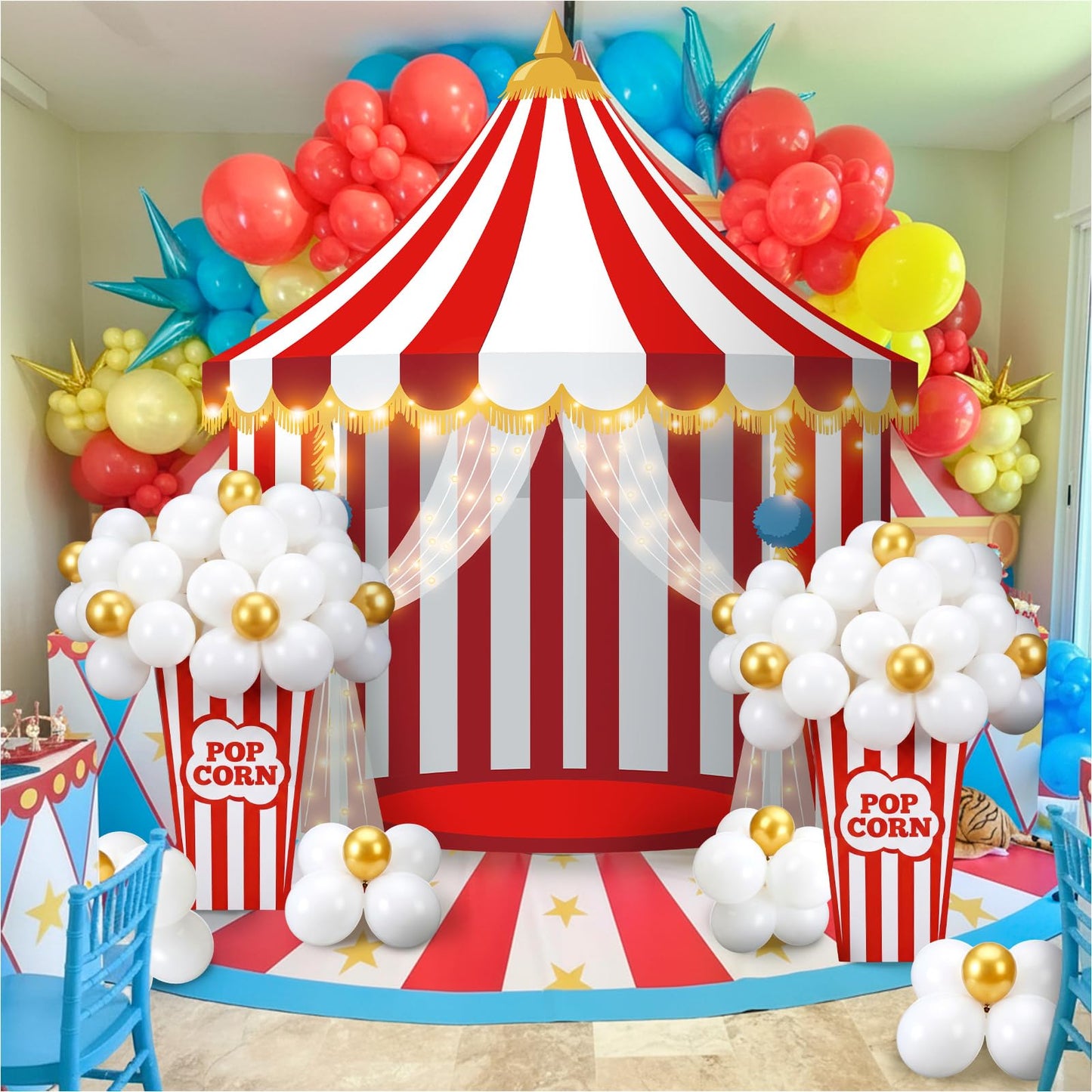Novabright 103 Pcs Carnival Circus Party Decorations Set Includes Red White Circus Tent Backdrop Popcorn Boxes 100 DIY Popcorn Balloon Kit Carnival Theme Photo Background Birthday Party Decor