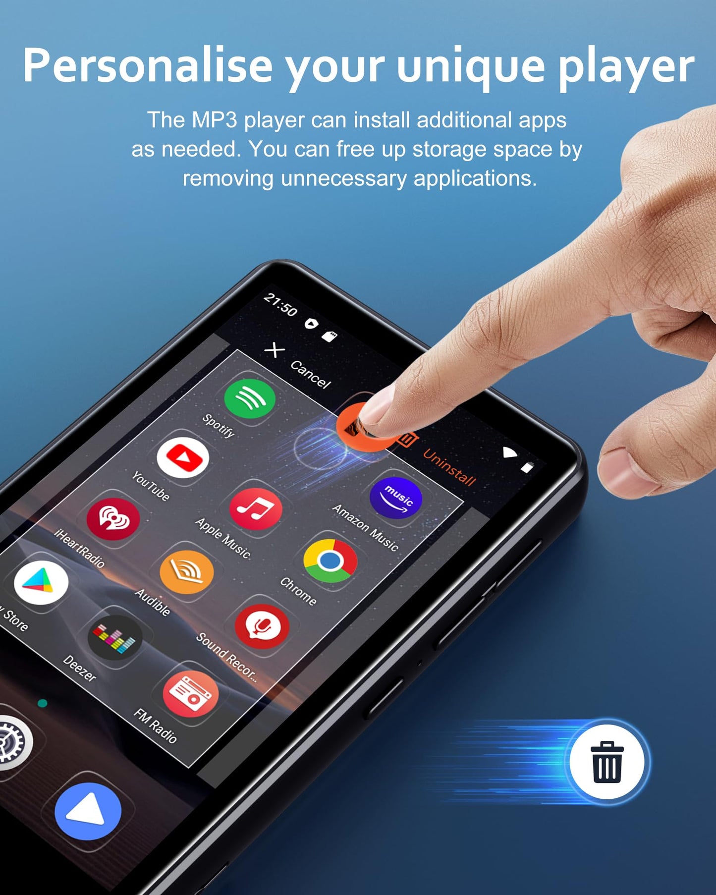 144GB MP3 Player with Bluetooth and WiFi,MP3 & MP4 Players with 4.02-inch Touchscreen and Speaker,Spotify Music Players with Pandora,Audible,Amazon Music,Spotify,Play Store,Up to 512GB (Black)