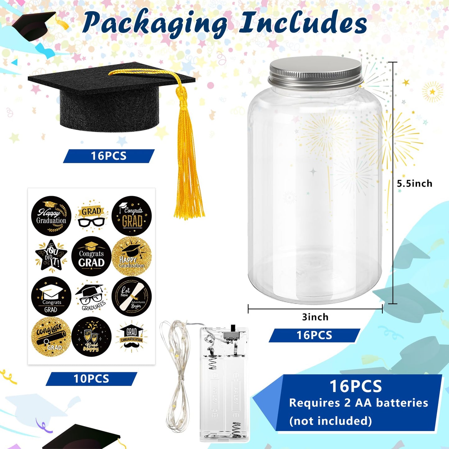 Phoncoo 16 Sets 2026 Graduation Table Decoration with LED Lights, Mason Jar Graduation Centerpieces for Tables with Grad Cap, Stickers for College High Middle School Grad Party Supplies Gifts(Black)