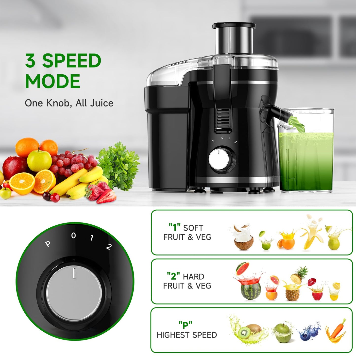 Juicer Machine, 500W Centrifugal Juicer Extractor with 3 Speed & Wide Mouth 3” Feed Chute for Fruit Vegetable, High Yield Juicer Included Cleaning Brush for Easy to Clean