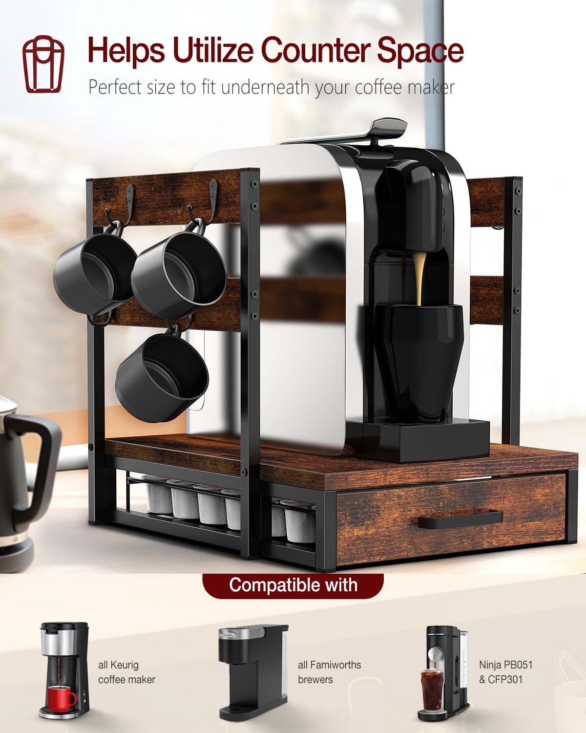 Evermagin K Cup Holder, 35 Pod Capacity, Coffee Pod Holder Compatible with Keurig, Coffee Station Organizer for Countertop with Cup Rack, Rustic Brown