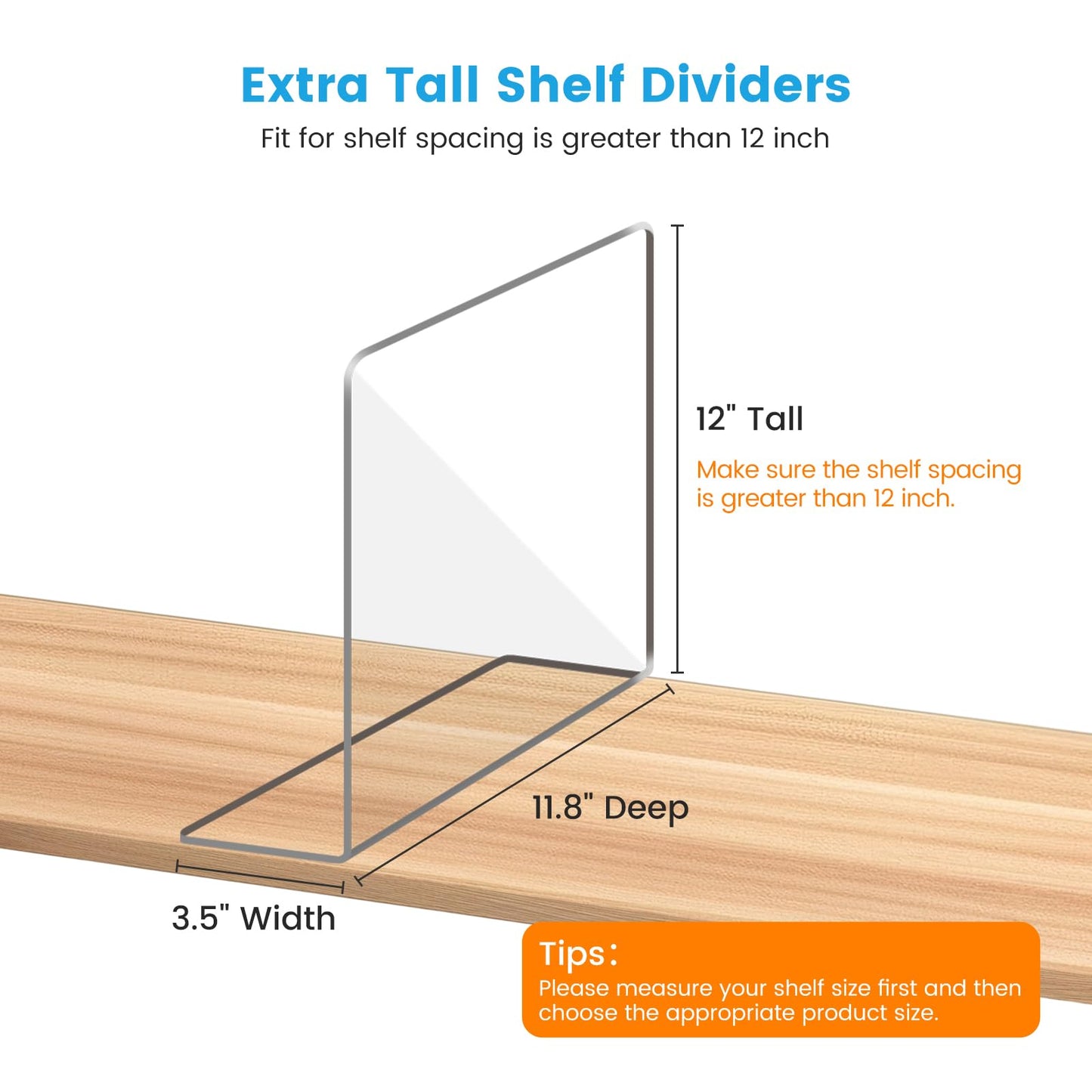 OKPOW Shelf Dividers Closet Organizer - 12" Tall X 11.8" Deep Acrylic Clear Sturdy Separate for Clothes Purse - Adjustable Space Saver Easy Install for Home Organization Enthusiasts 8 Pack