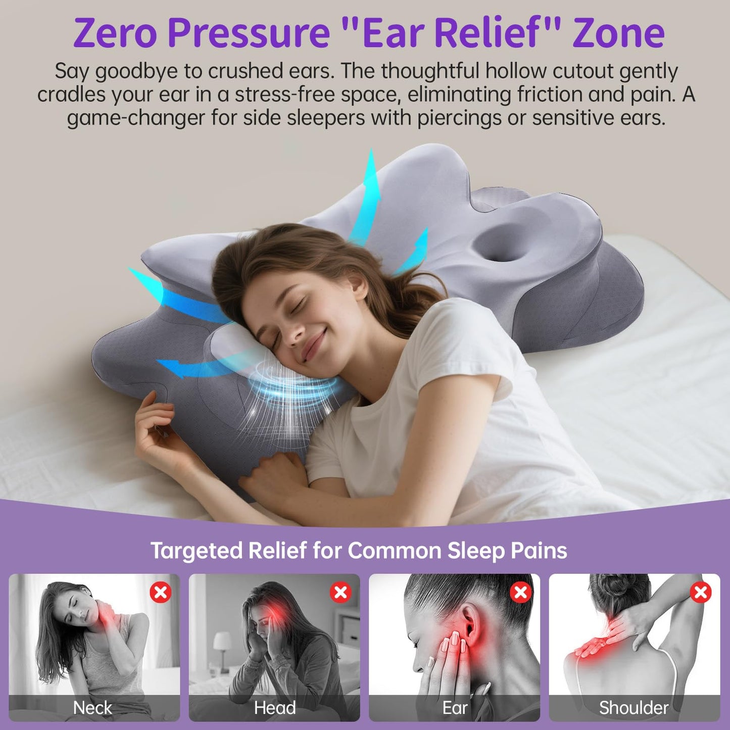 MOONOUU Piercing Pillow for Side Sleepers, Memory Foam Ear Hole Pillow for Ear Pain Relief & CNH, Cervical Neck Support Pillow, Ergonomic Butterfly Design with Cooling Cover