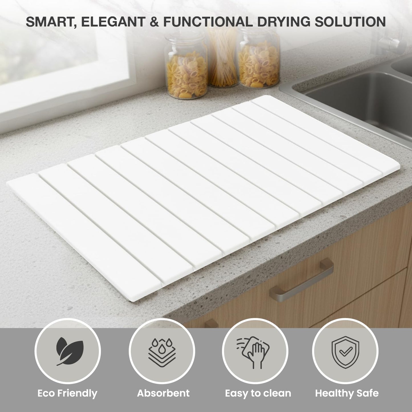 Large Stone Drying Mat for Kitchen Counter | 24"x16" | Fast Drying Collapsible Diatomaceous-Earth Mat | Super Absorbent Folding Mat for Dishes, Bottles, Glass, Heat-Resistant, Non-Slip (White)