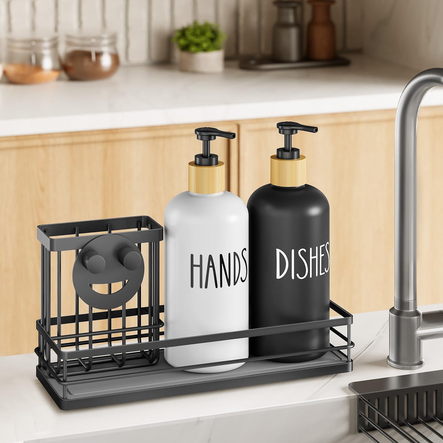 Moforoco Kitchen Dish Soap Dispenser Set, 16OZ Glass Bottle, Hand and Dish Soap Dispenser Set, Instant Dry Tray, Brush Holder with Smiley Face Sponge Holder (Black Tray+Black&White Bottle)