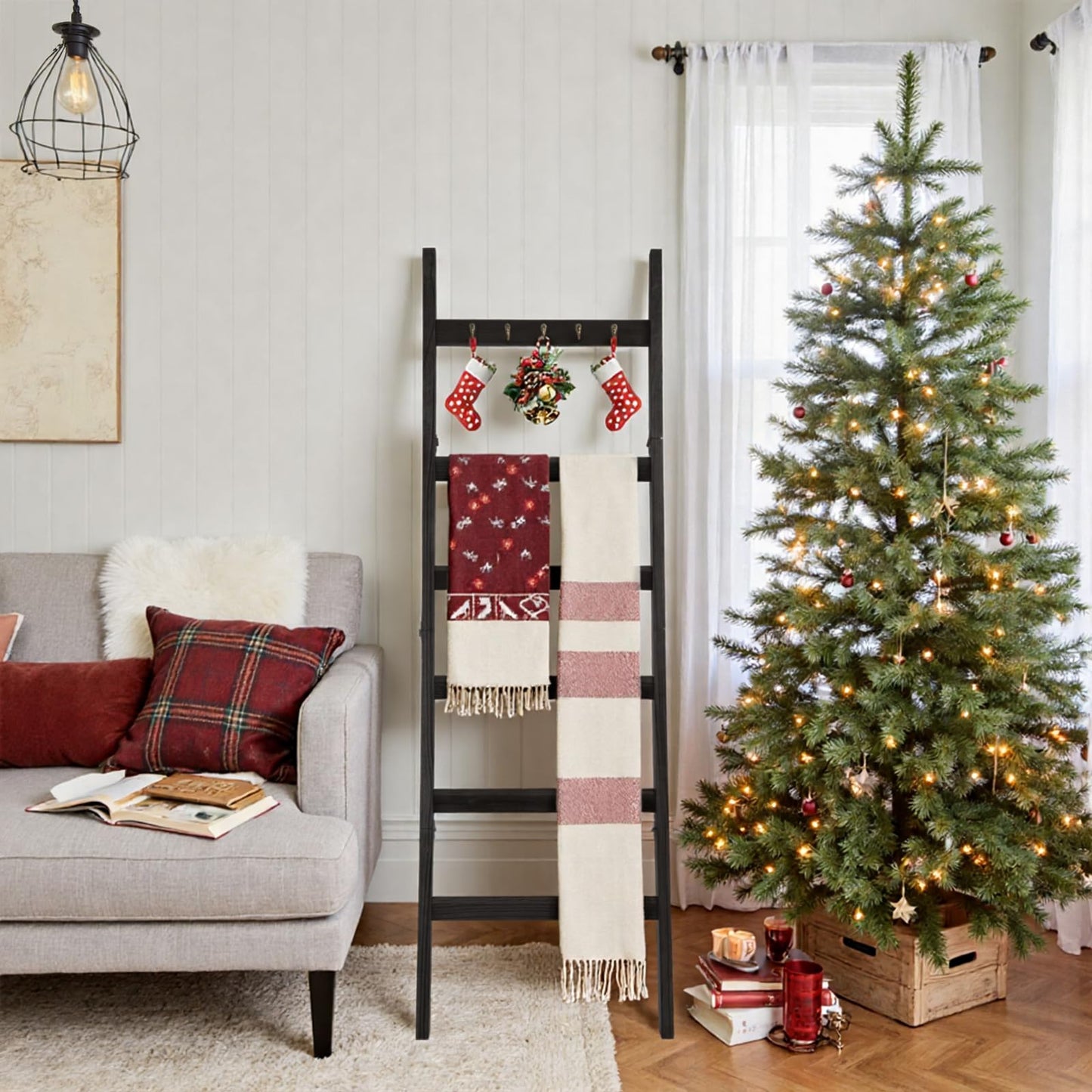TEAKMAMA 6-Tier Blanket Ladder for Living Room and Bedroom,5.4 Ft Wall Leaning Quilt Rack with Hooks,Rustic Decorative Farmhouse Blanket Storage,Stylish Ladder Holder,Christmas Decorations,Black