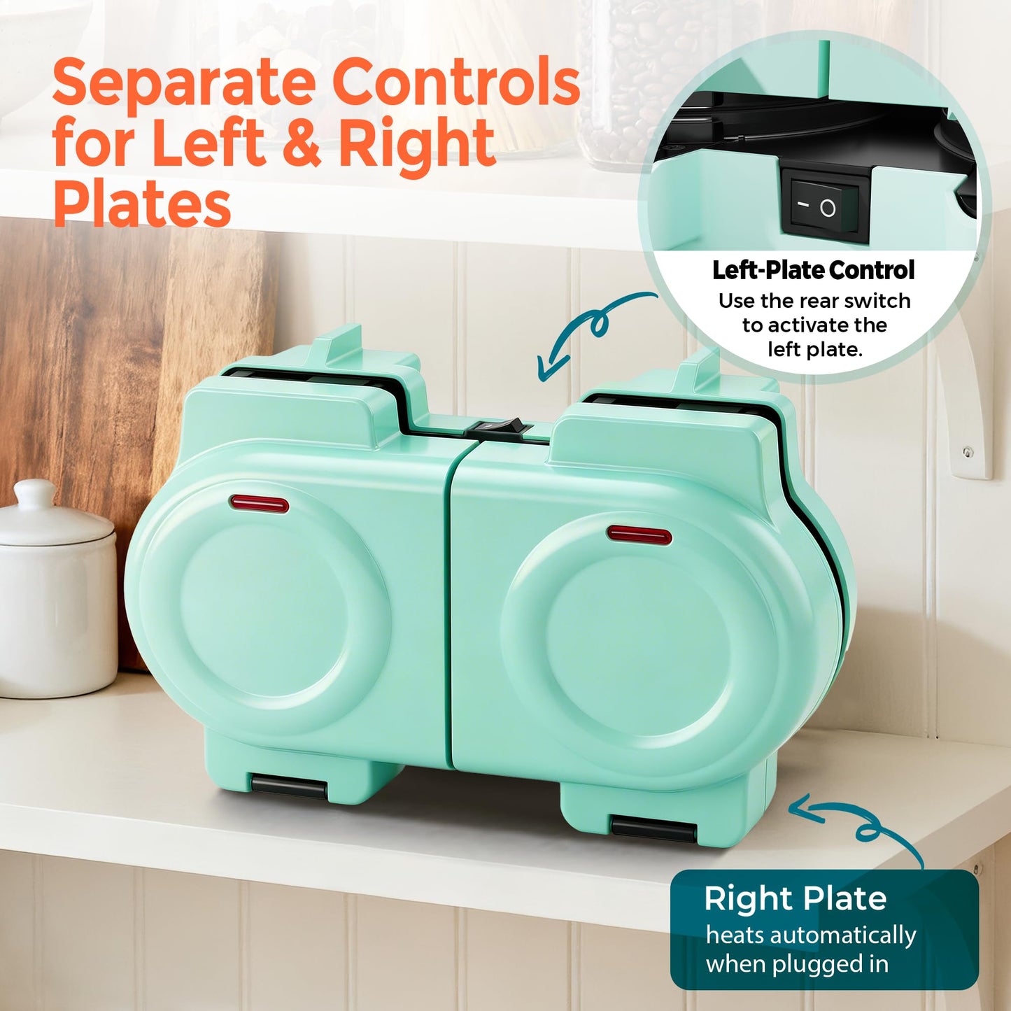 2-in-1 Double Waffle & Pancake Maker - CACHOO Mini 4" Nonstick Waffle Iron & Small Round Griddle with 4 Removable Plate Sets, Dishwasher Safe, Perfect for Small Spaces, Apartments & Dorms, Aqua
