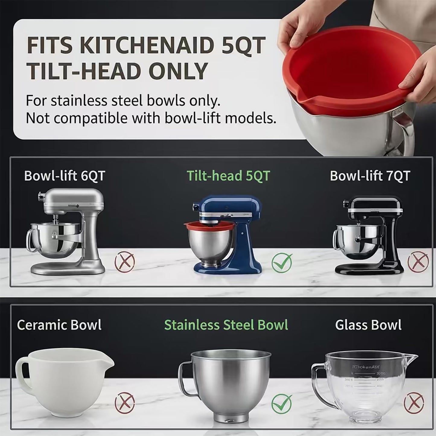 3-Pack Collapsible Silicone Bowl Liners Inserts for KitchenAid 5QT Tilt-Head Mixer Accessories, with Airtight Lids, Food Grade for Dough Proofing & Space-Saving Storage