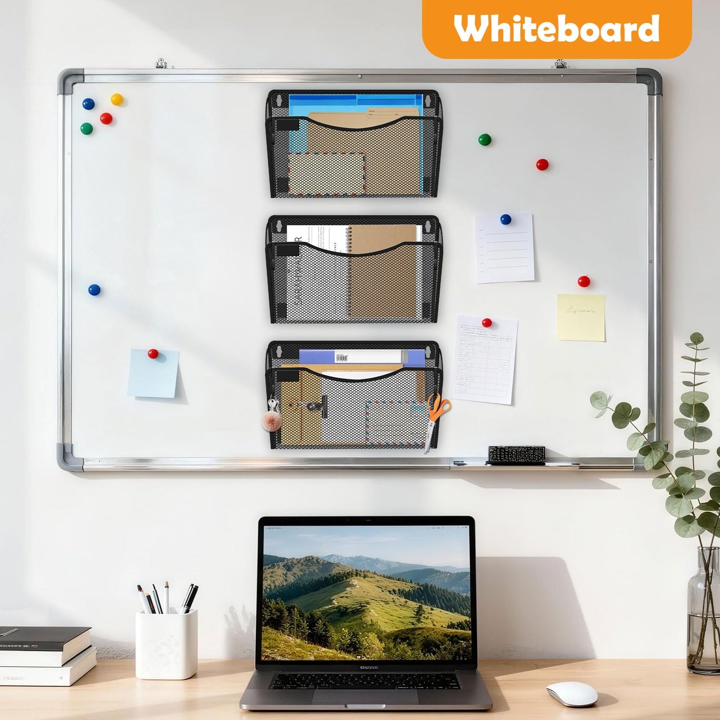 Magnetic File Holder, 3PCS Wall Hanging File Paper Mail Organizer with Removable Hooks, No Drilling Magazine Document Holder for Whiteboard, Refrigerator, File Cabinets, Washing Machine, Office,Black