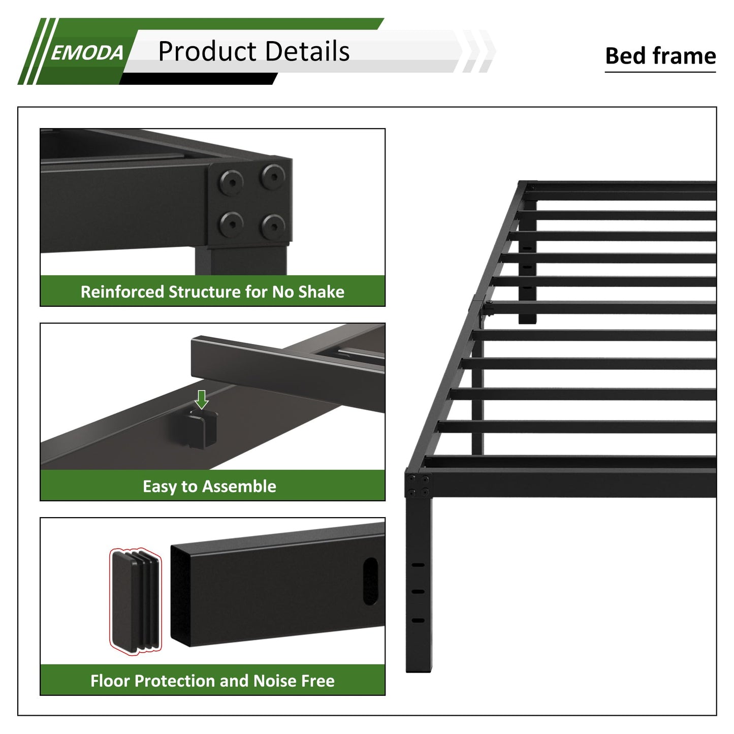 EMODA Queen Bed Frame No Box Spring Needed 18 Inch Heavy Duty Metal Tall Platform Bed Frame Queen Size with Large Storage Space, Easy Assembly, Black