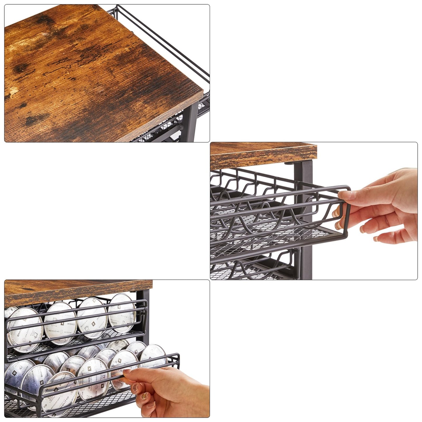 IBUYKE 2-Tie Coffee Pod Drawer Holder,80 Capsule Pods,Compatible for Nespresso Vertuo Pods,Wooden Top and Mesh Shelves,Home Kitchen Counter Coffee Bar Organizer, Rustic Brown,TCJ102H