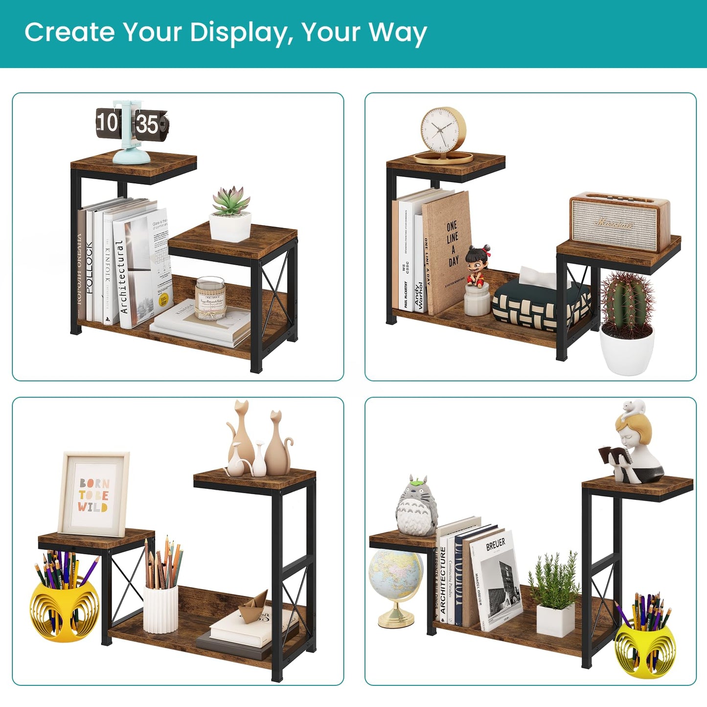 ELITEROO Desktop Shelf Organizer, 3 Tier Office Shelves, Wood Desk Organizers Storage Rack and Freestanding Display Shelf for Office, Dormitory, Home, Rustic Brown