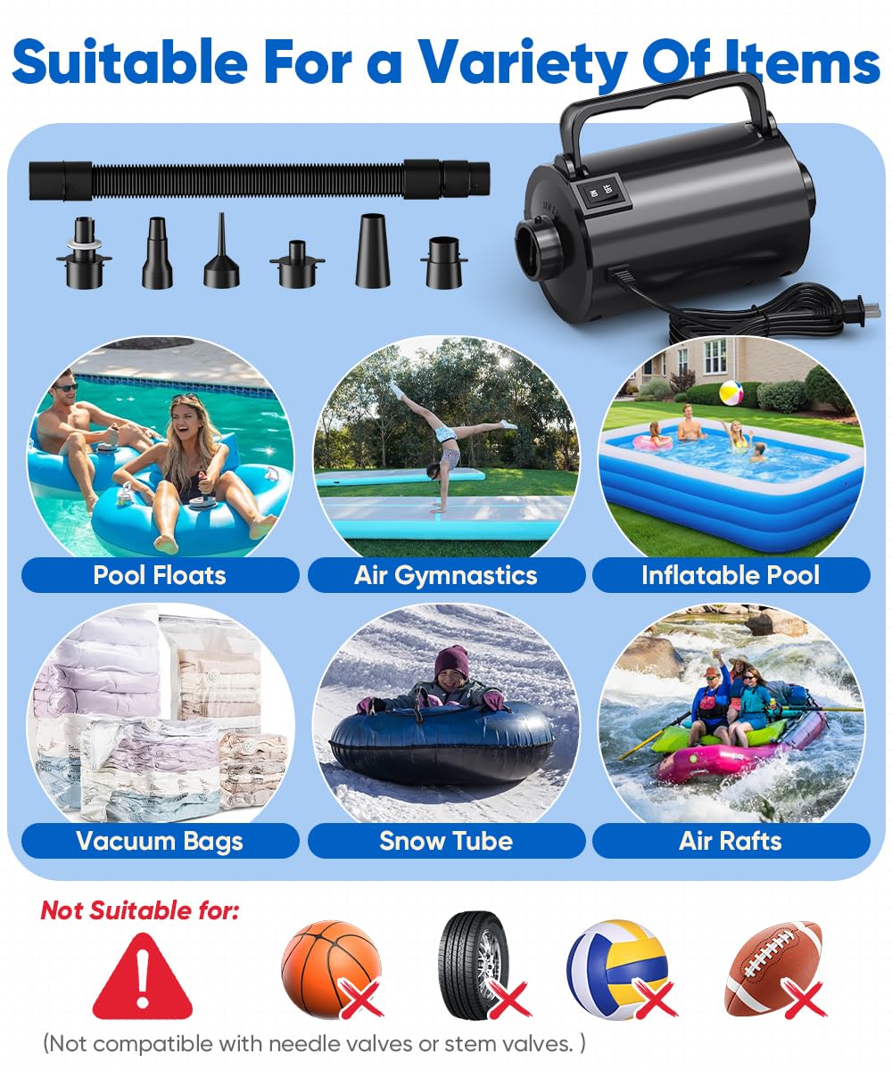 Lotspasie Electric Air Pump with Hose for Inflatables, High Power Inflator Deflator Blow Up Pump with 6 Nozzles, Pool Toy Float Pump for Pool Floats, Air Mattress, Toys, Gym Mat, 320W, 1.5PSI, 120V AC