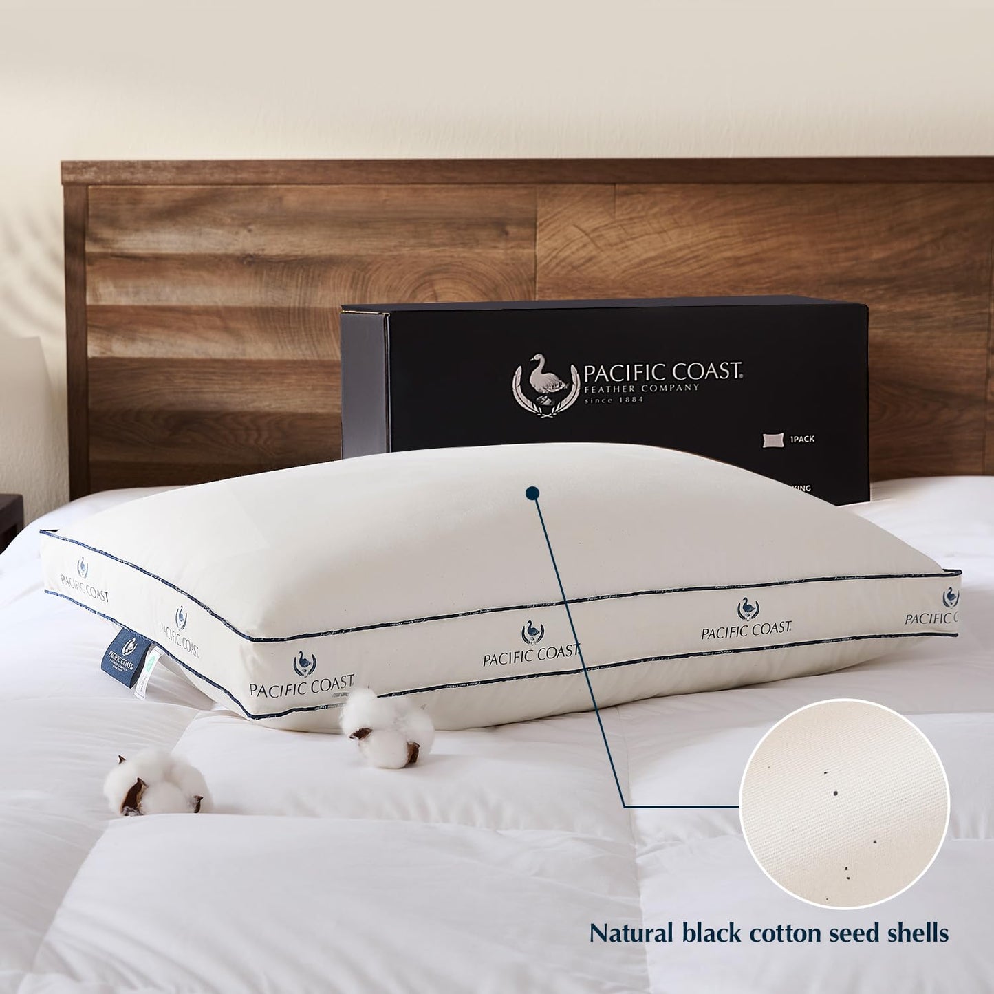 Pacific Coast Goose Firm Bed Pillows of Standard Size, 100% Organic Cotton Cover, Gusseted Design for Sleeping, Feather and Down Pillows of Hotel Collection