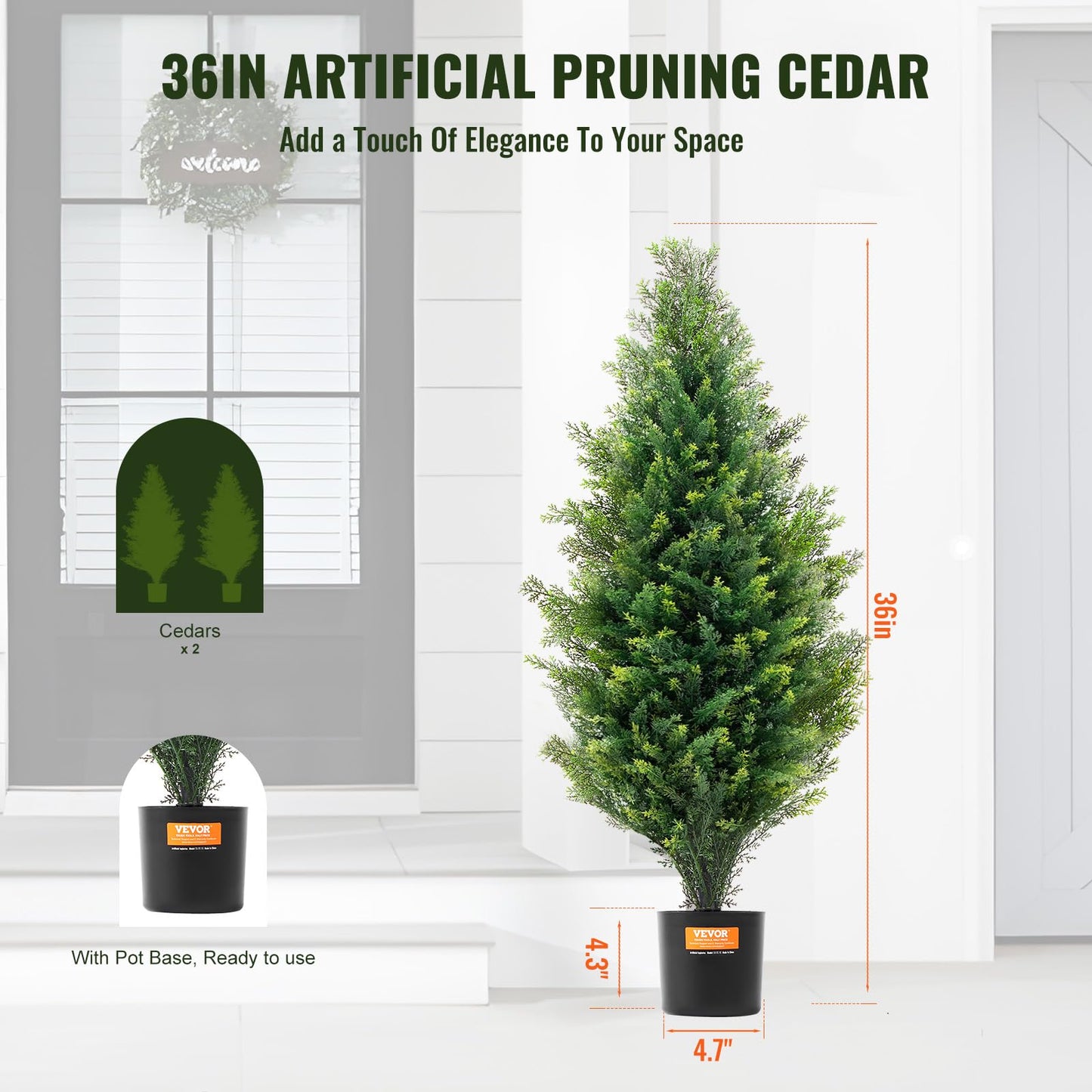 VEVOR Artificial Topiary Cedar Tree, 36 inch Tall (2 Pieces), with Extra Leaves & Pot Faux Evergreen Fake Pine Cypress Trees Plant, UV Rated Artificial Greenery Set for Home Decor Indoor/Outdoor