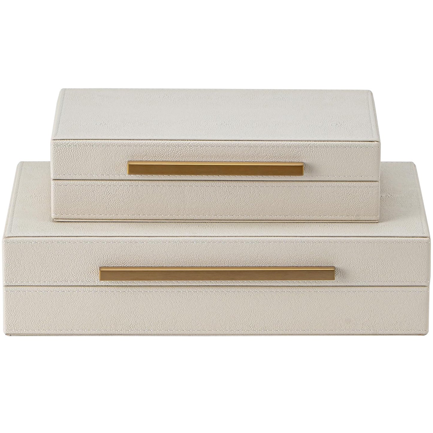 XIGEXIGE Faux Leather Large Modern Stackable Nesting Jewelry Box with Lids Organizer – Set of 2 Beige Shagreen Decorative Storage Boxes with Gold Metal Handles