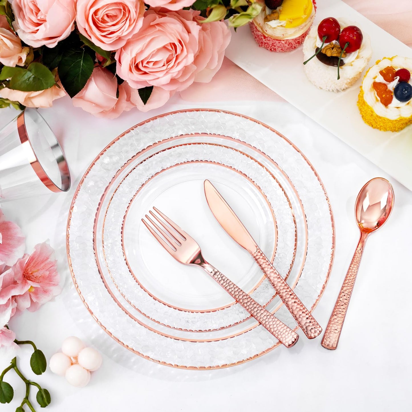 Ciaell 150PCS Rose Gold Plastic Plates – Disposable Plates with Rose Gold Plastic Silverware include 50Plates, 25Forks, 25Knives, 25Spoons, 25Cups for Wedding & Party
