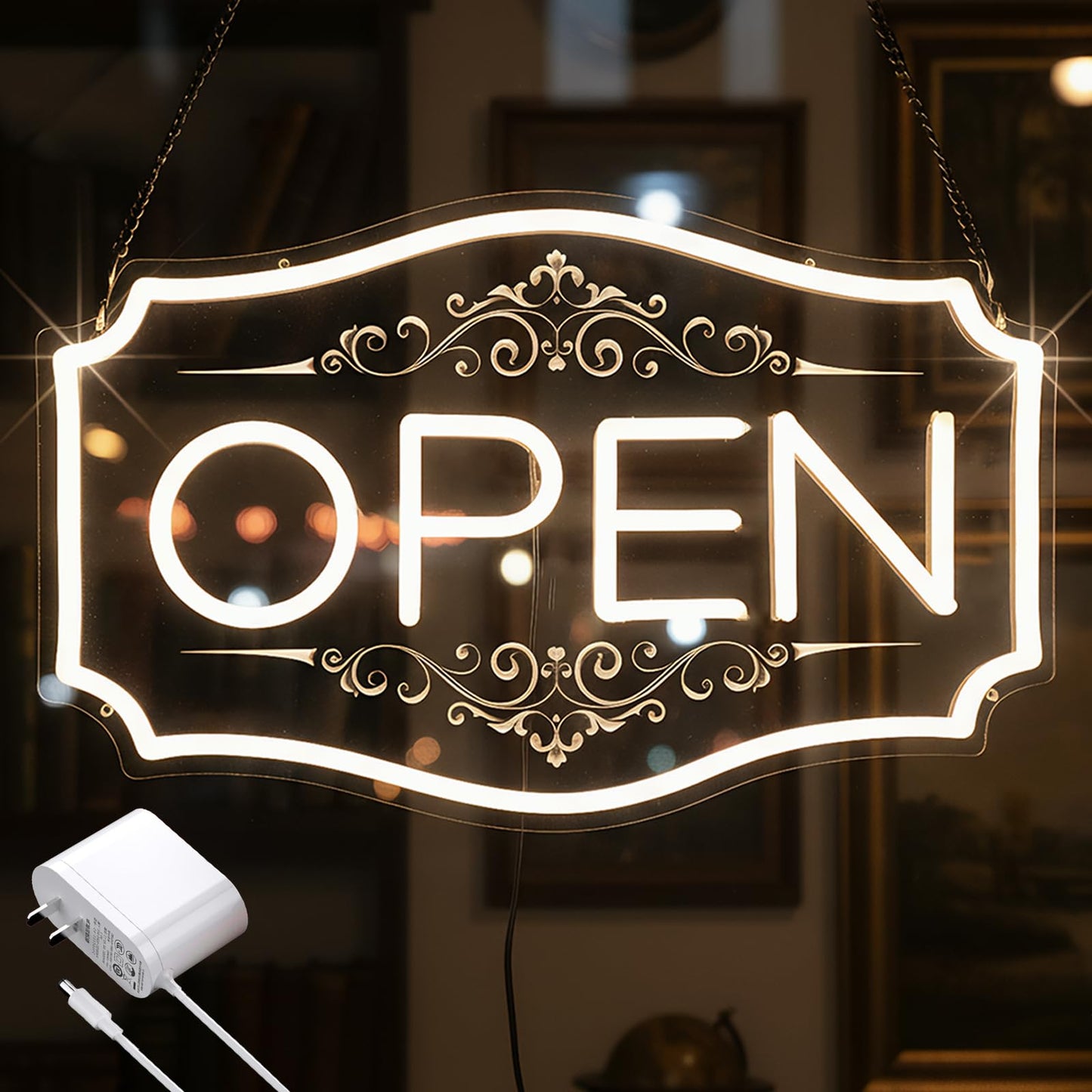 22" x 13" Open Sign for Business, LED Dimmable Neon Open Sign with 12V/2A Adapter, Warm White, Bright LED to Light Up Storefronts, Windows & Walls