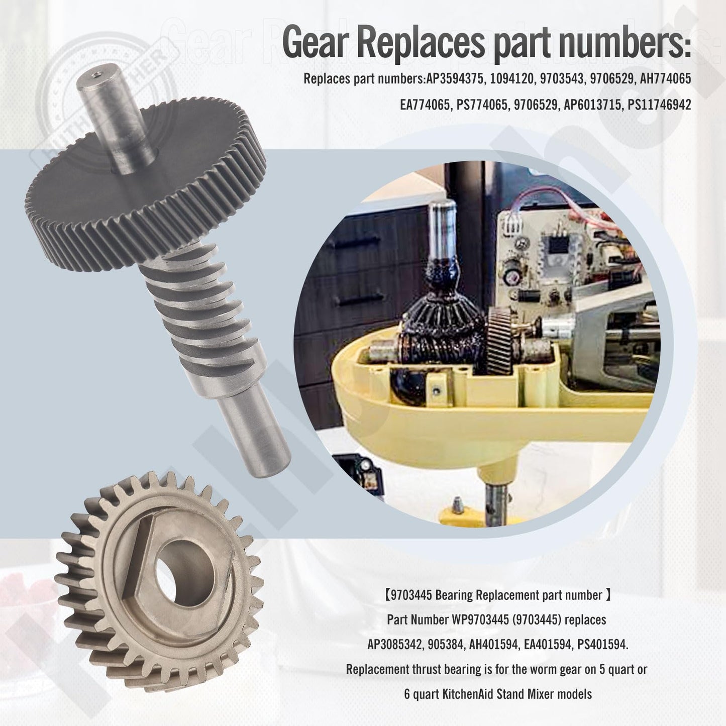 9709231 9703337 W11086780 9709511 Worm Gear Kit for KitchenAid Whirlpool 5QT&6QT, Mixer Gear Parts Drive Gear Replacement - W/Food Grade Grease