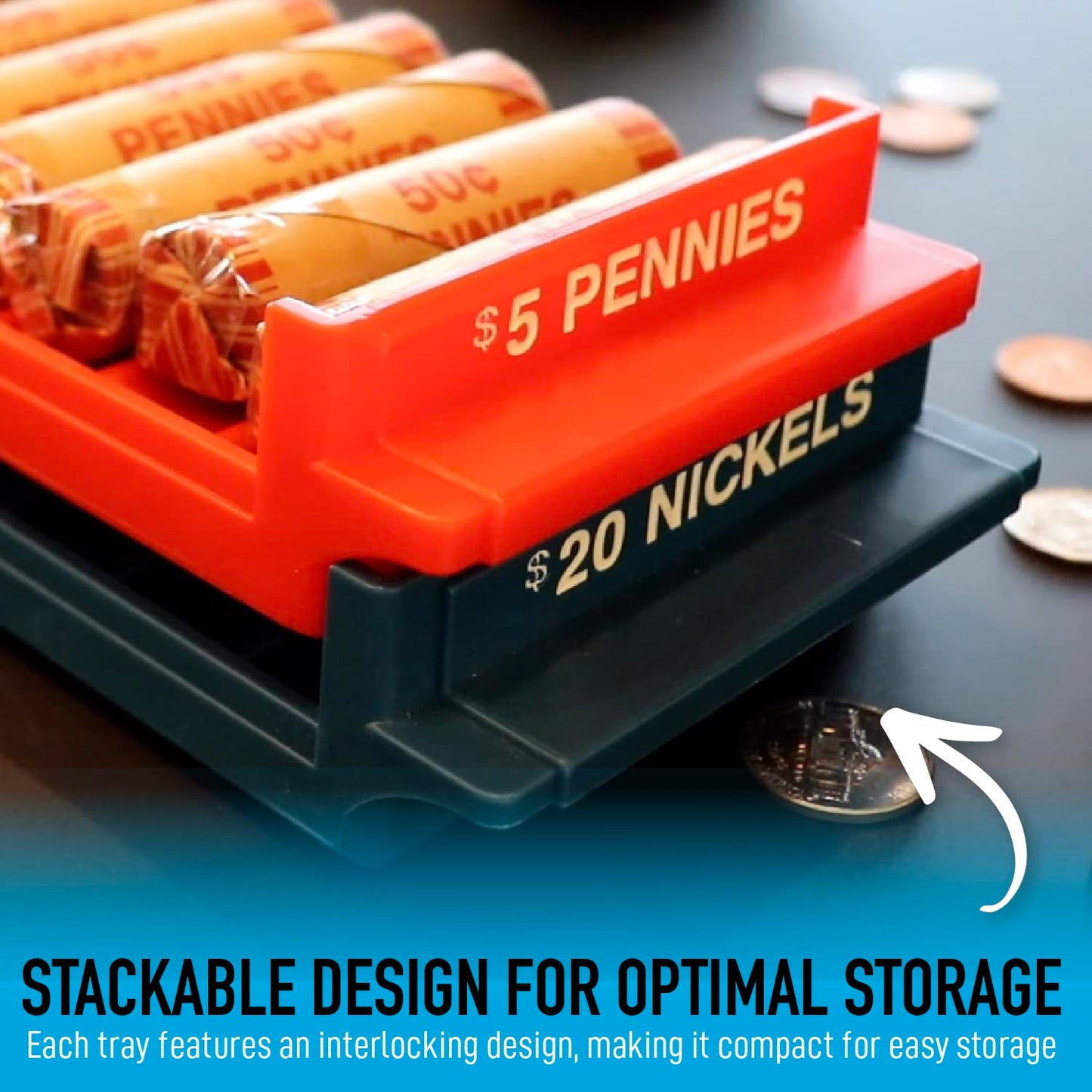 Nadex Rolled Coin Storage Organizer Tray Set with Ridges for Loose Coins | Quarters, Dimes, Nickles, and Penny Color Coded Trays