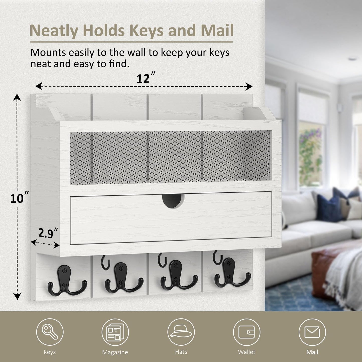 Nekon Mail Organizer with Drawer for Wall, 12"W x 10"H x 3.1"D Mail Sorter Wall Mounted, Wooden Key Holder Wall File Organizer Letter Sorter for Letter Magazines (White)