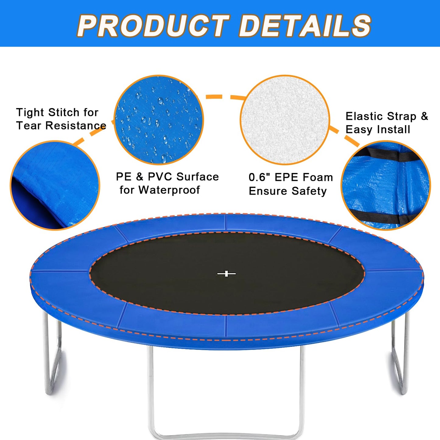 14 ft Trampoline pad Replacement, Trampoline Spring Cover, Thickened EPE Foam Tear-Resistant Waterproof Trampoline Safety Pad, No Holes for Pole