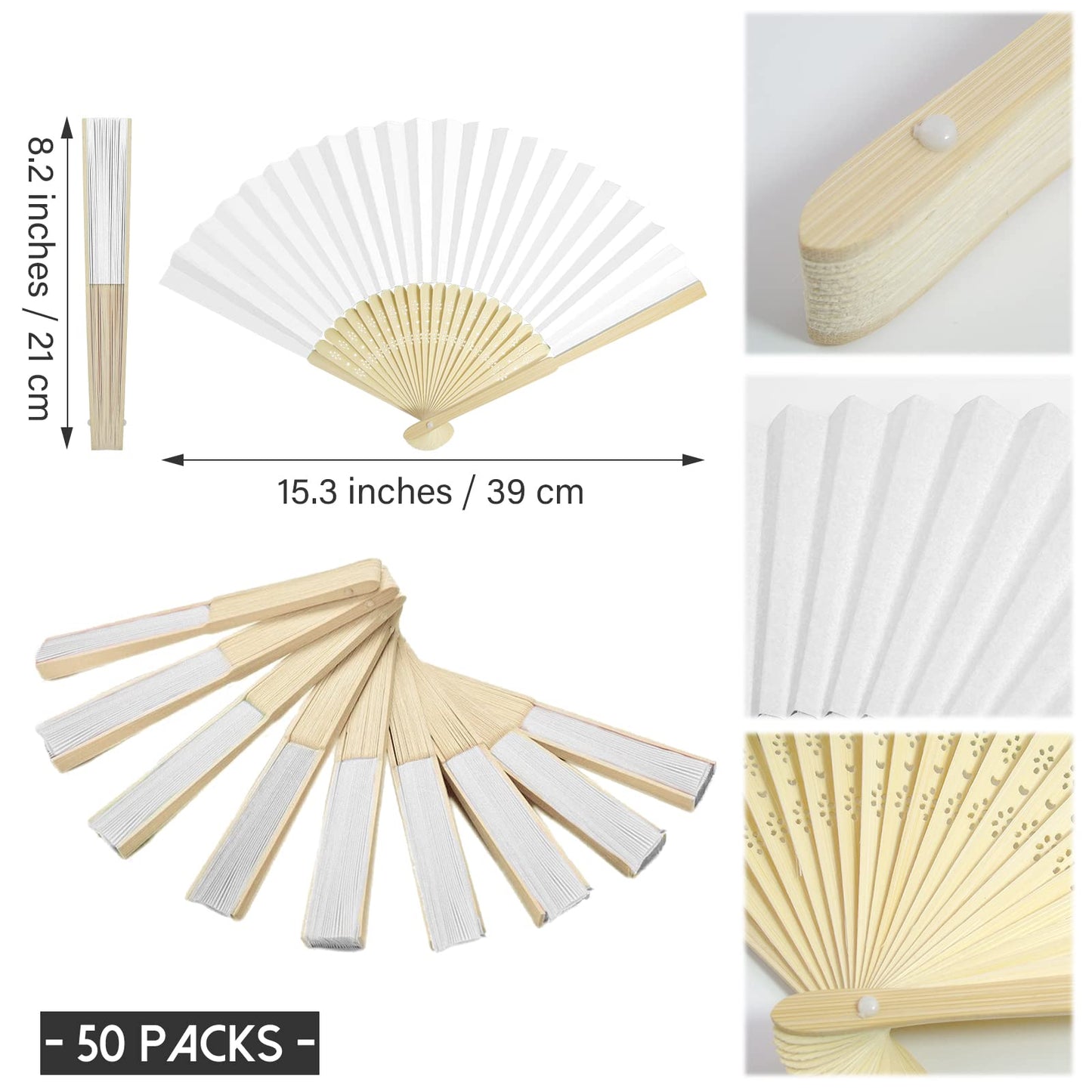 Grosun 50 Packs White Paper Fans Paper Hand Fan Bamboo Folding Fan Handheld Fan Paper Folded Fan Paper Fan for Wedding Party and Home Decoration